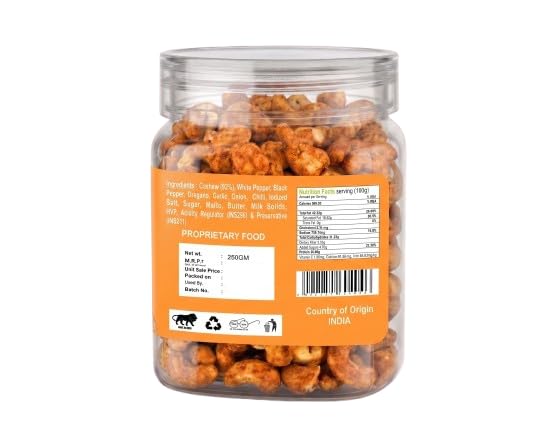 Peri Peri Cashews | Simply Oven Roasted Kaju | Spicy & Crunchy Flavoured Cashew Nuts | Ready to Eat Snack | Vegetarian (250 Gm Box)