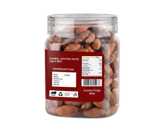 Premium Salted Almonds – Simply Oven Roasted & Crunchy | 0% Added Oil | Healthy Roasted Badam Snacking | Protein-Rich & Nutritious (250 Gm Box)