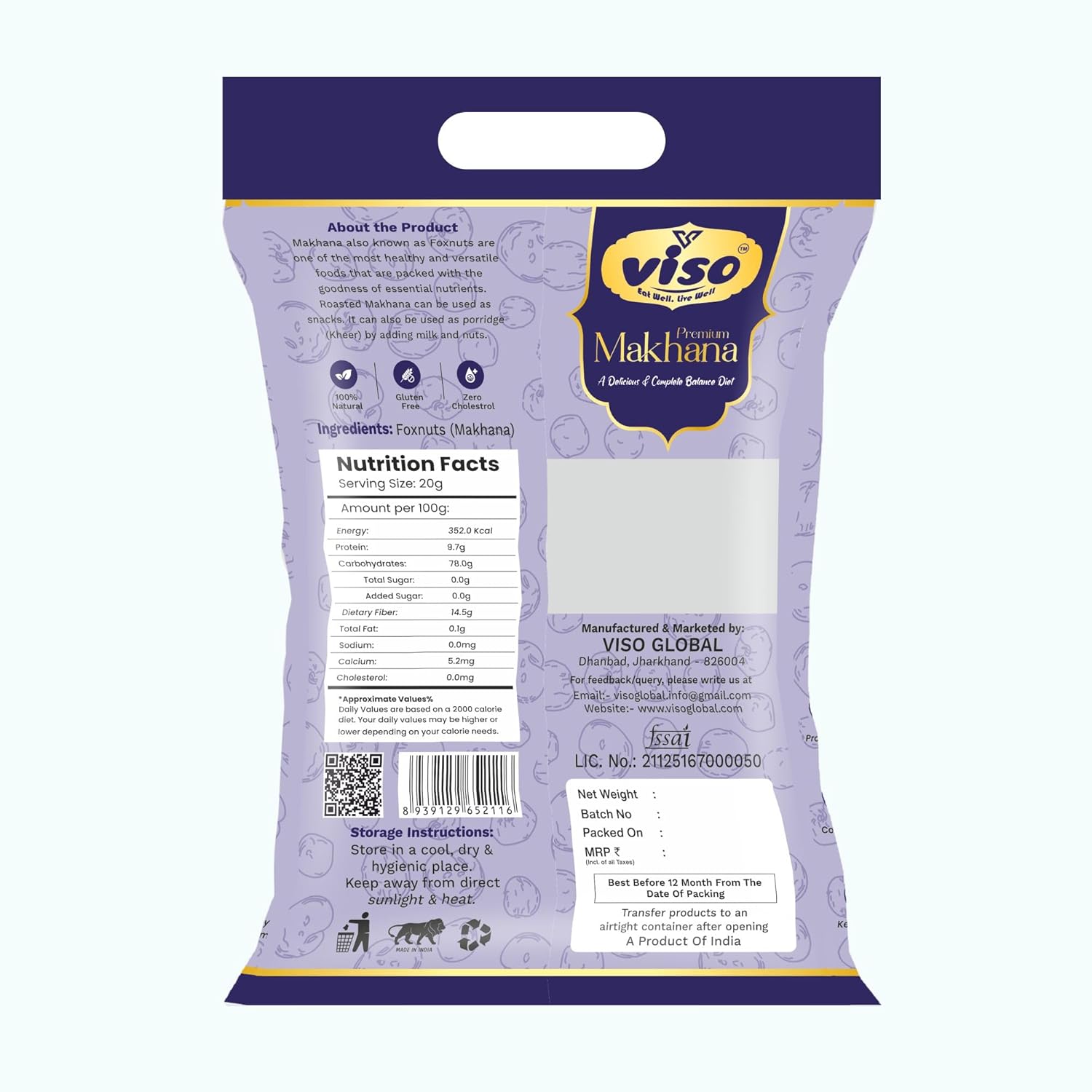 VISO Premium Makhana | Fox Nuts | Healthy Roasted Snack | High Protein & Low Calorie (250 gm)