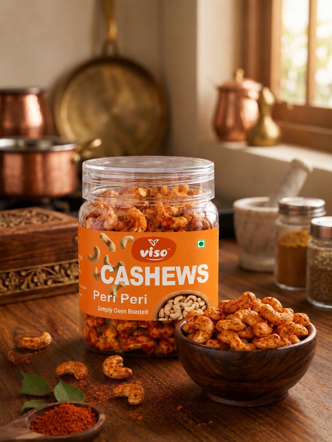 Peri Peri Cashews | Simply Oven Roasted Kaju | Spicy & Crunchy Flavoured Cashew Nuts | Ready to Eat Snack | Vegetarian (250 Gm Box)