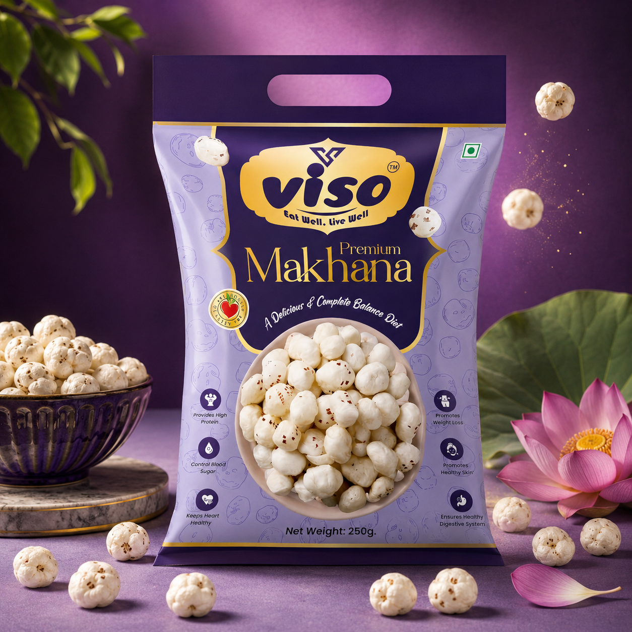 VISO Premium Makhana | Fox Nuts | Healthy Roasted Snack | High Protein & Low Calorie (250 gm)